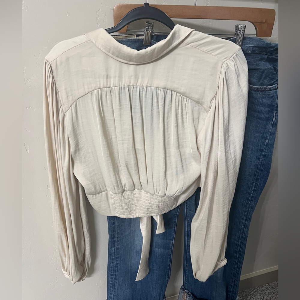 Free People Romantic Tie-front Business Blouse Crop Ivory Beige - Picture 2 of 7